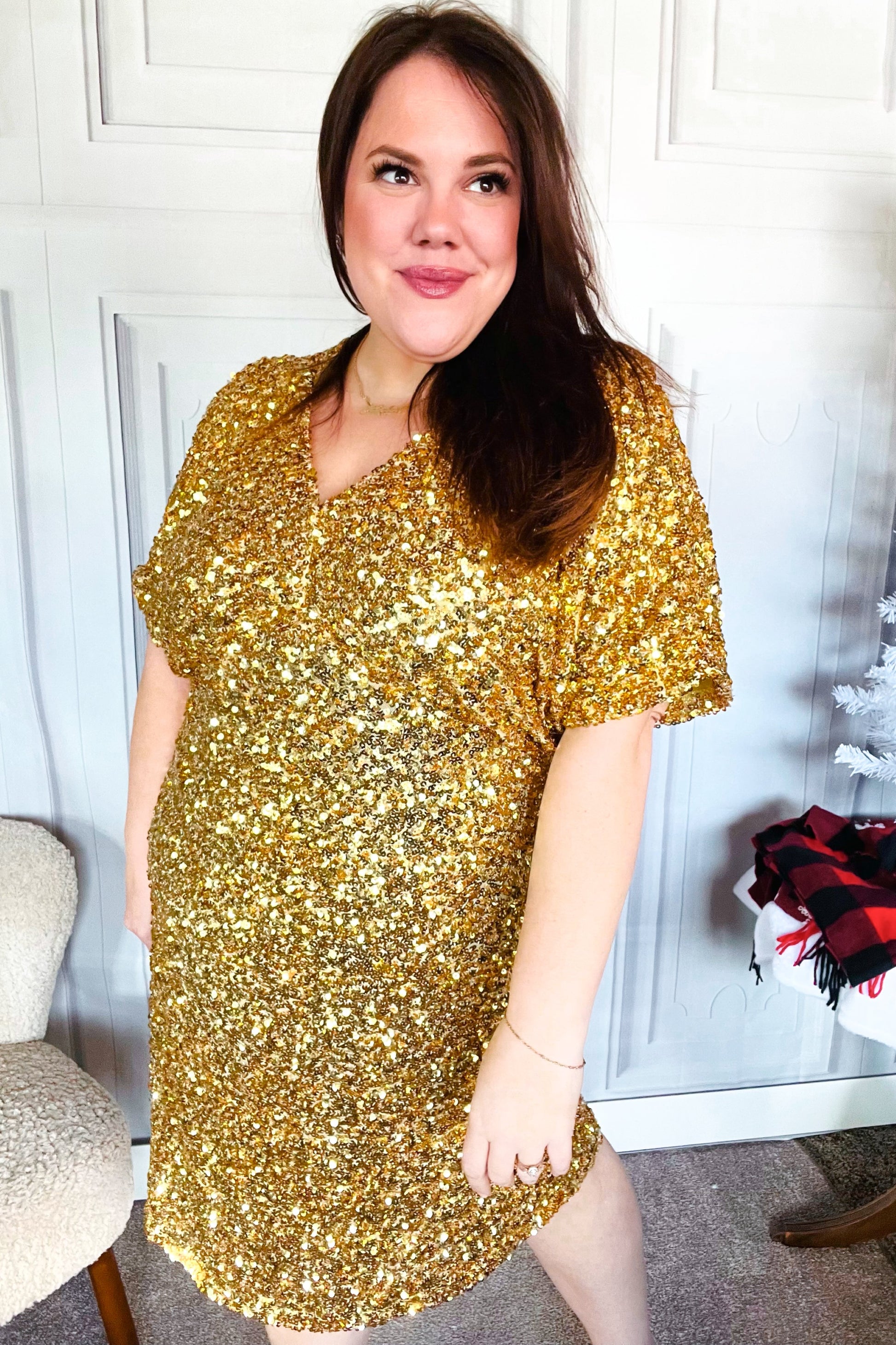 New Year Diva Dolman Gold Sequined Lined Babydoll Dress-Modish Lily, Tecumseh Michigan