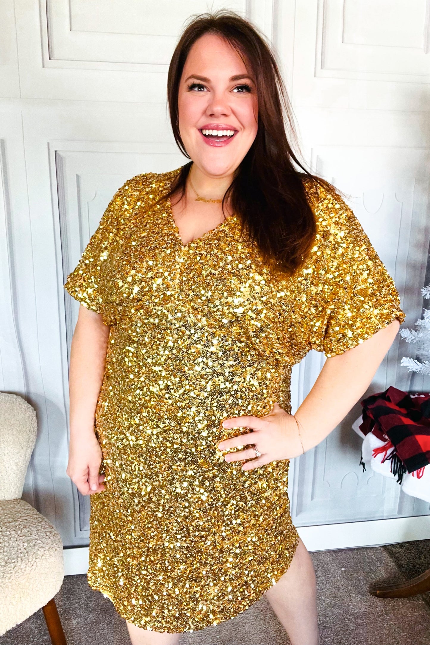 New Year Diva Dolman Gold Sequined Lined Babydoll Dress-Modish Lily, Tecumseh Michigan