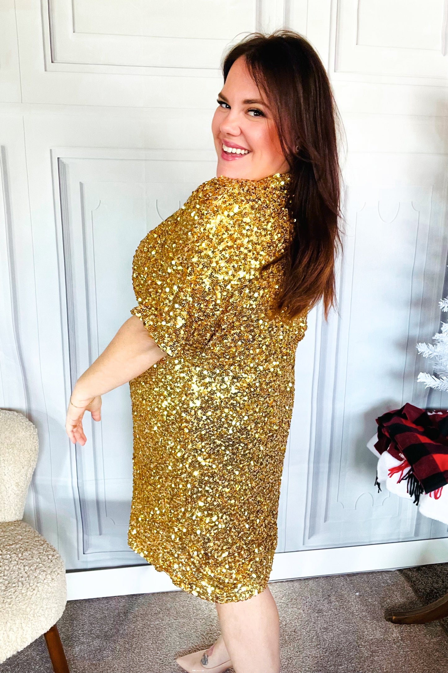 New Year Diva Dolman Gold Sequined Lined Babydoll Dress-Modish Lily, Tecumseh Michigan