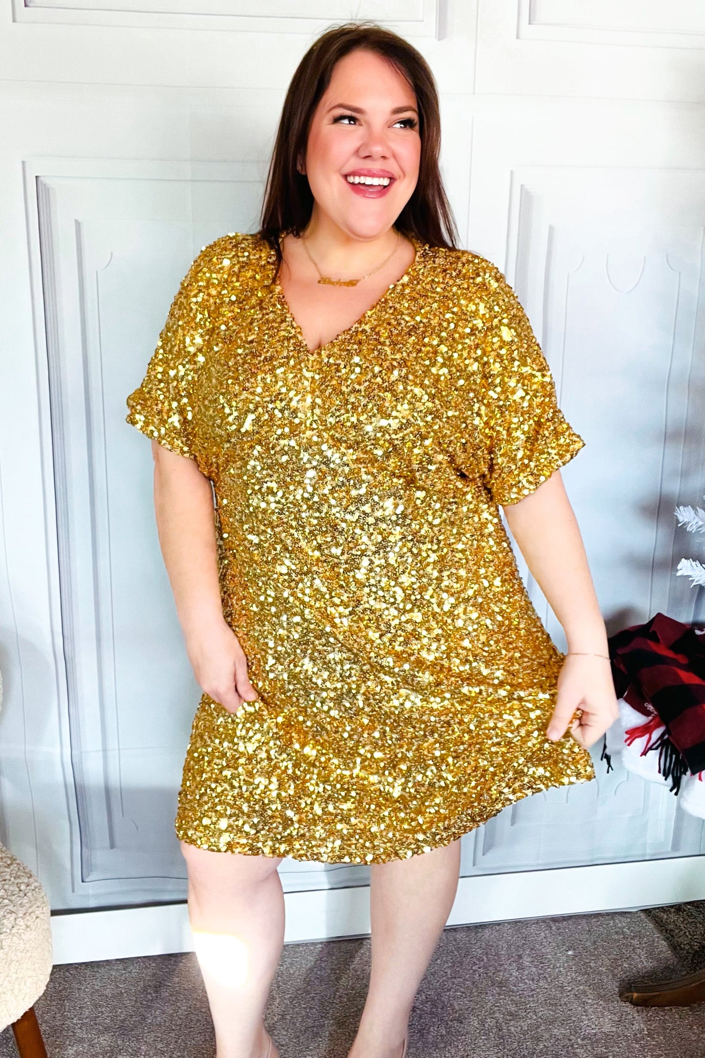 New Year Diva Dolman Gold Sequined Lined Babydoll Dress-Modish Lily, Tecumseh Michigan