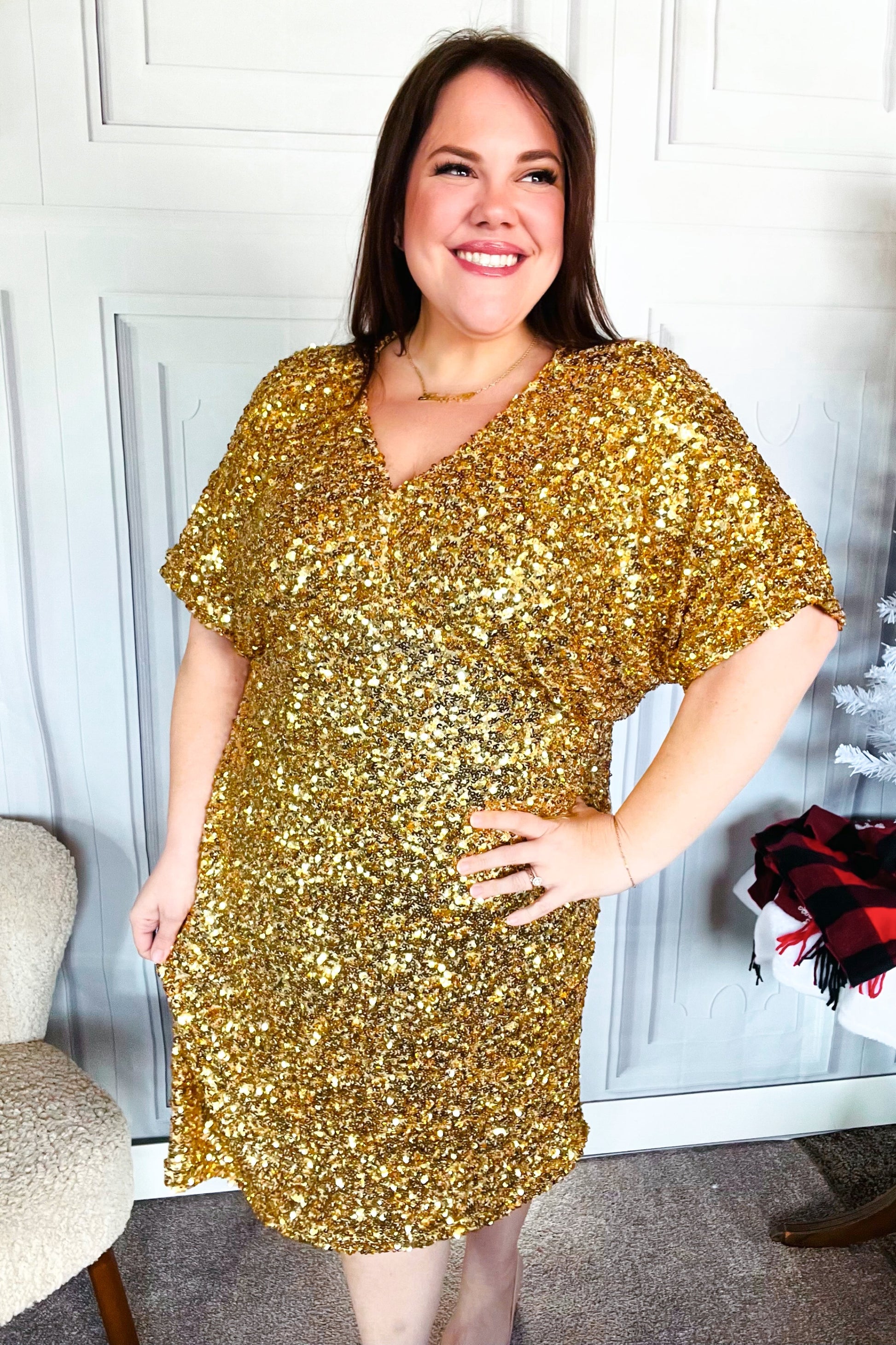 New Year Diva Dolman Gold Sequined Lined Babydoll Dress-Modish Lily, Tecumseh Michigan