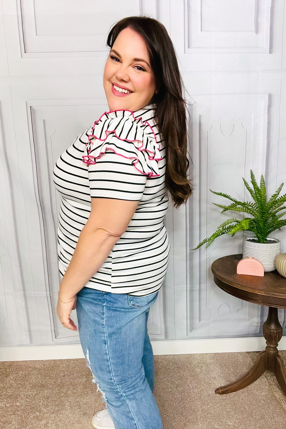 Get To It Ivory & Pink Merrow Stitch Ruffle Sleeve Stripe Top-Modish Lily, Tecumseh Michigan