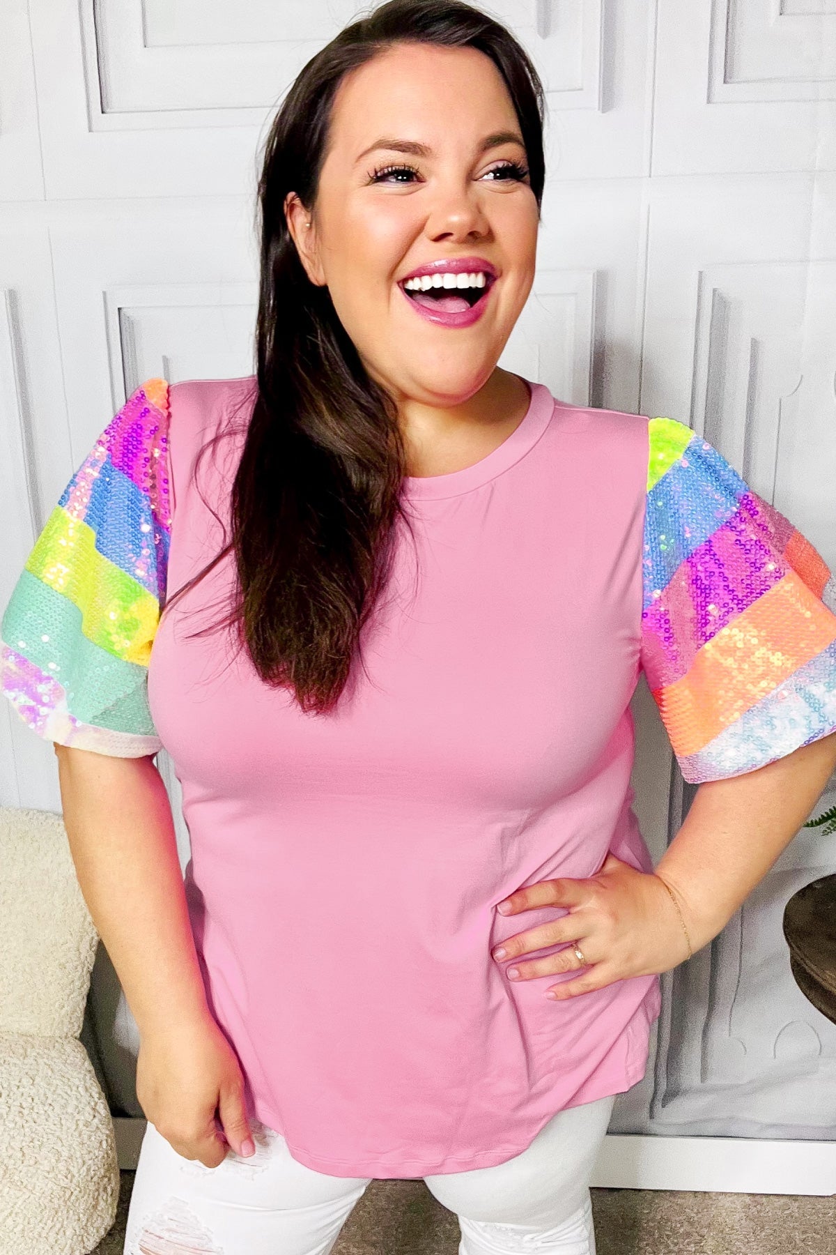 Stand Out Pink Rainbow Sequin Puff Sleeve Top-Modish Lily, Tecumseh Michigan