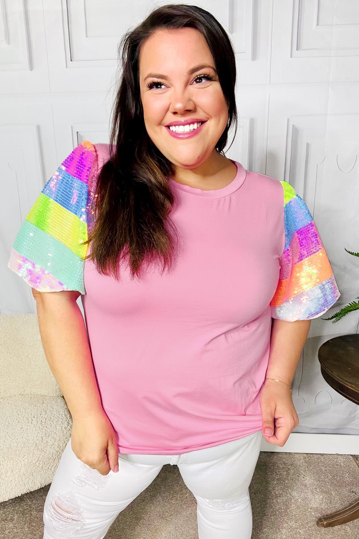 Stand Out Pink Rainbow Sequin Puff Sleeve Top-Modish Lily, Tecumseh Michigan