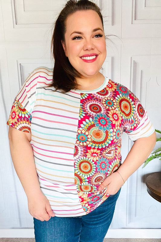 Always Fun Ivory & Fuchsia Stripe and Crochet Print Top-Modish Lily, Tecumseh Michigan