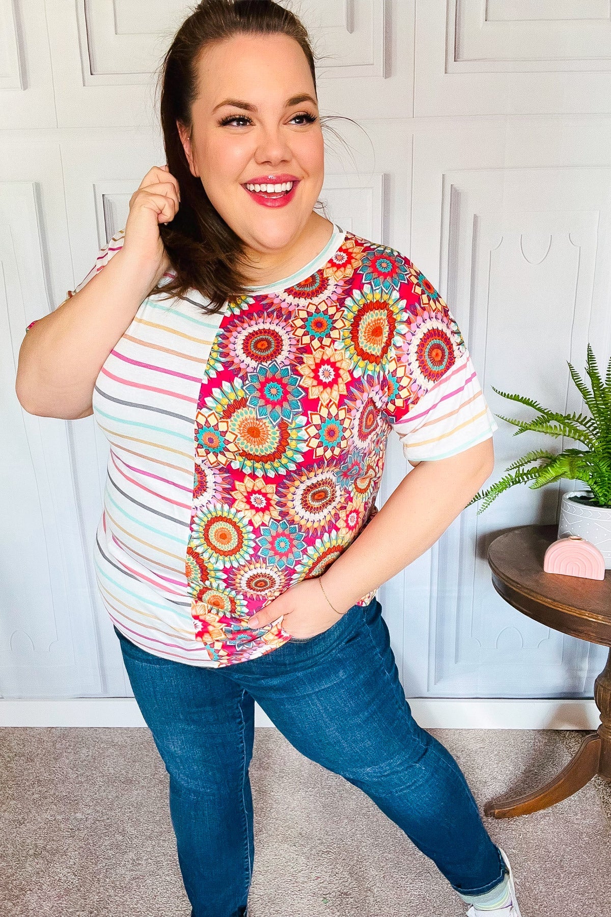 Always Fun Ivory & Fuchsia Stripe and Crochet Print Top-Modish Lily, Tecumseh Michigan