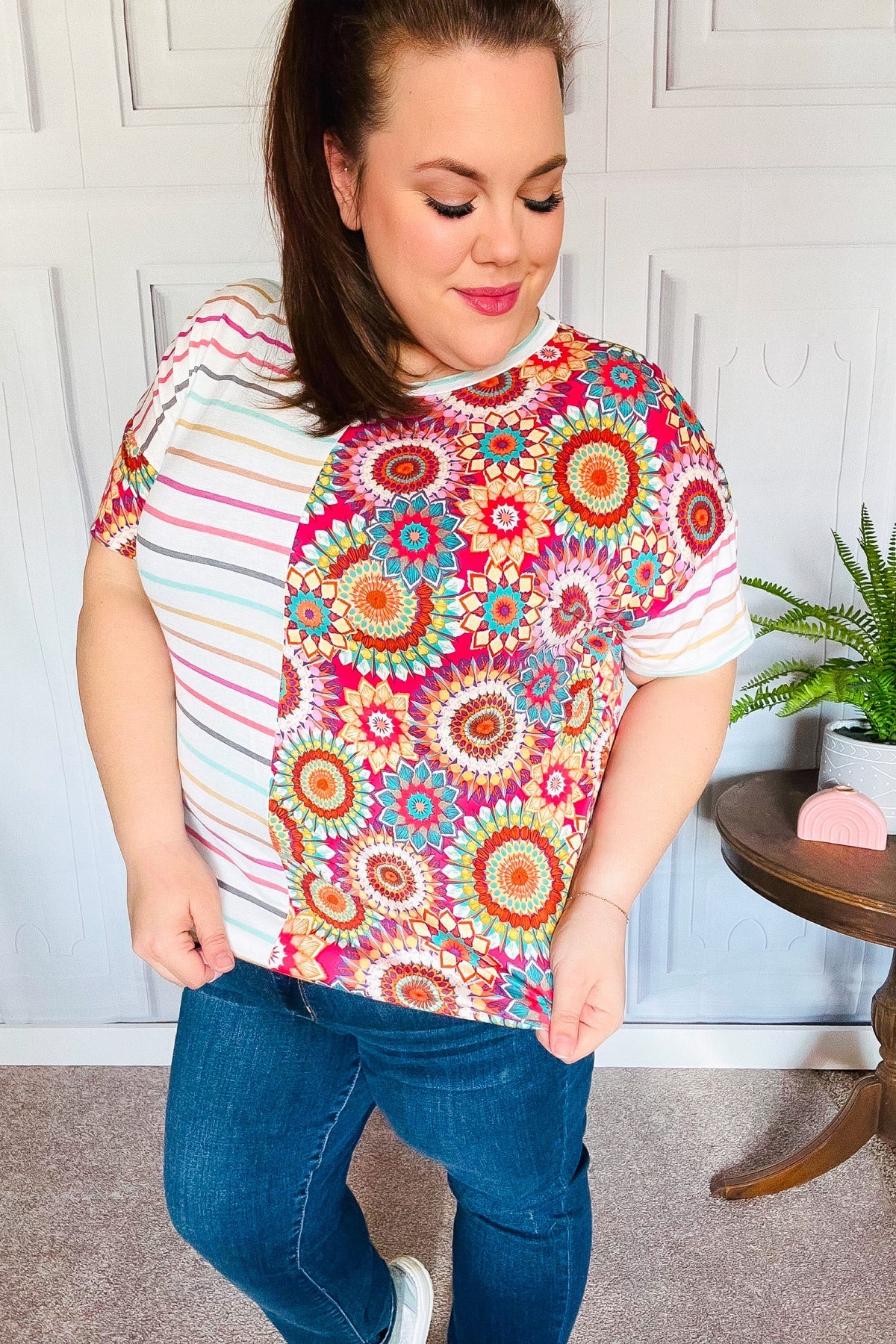 Always Fun Ivory & Fuchsia Stripe and Crochet Print Top-Modish Lily, Tecumseh Michigan