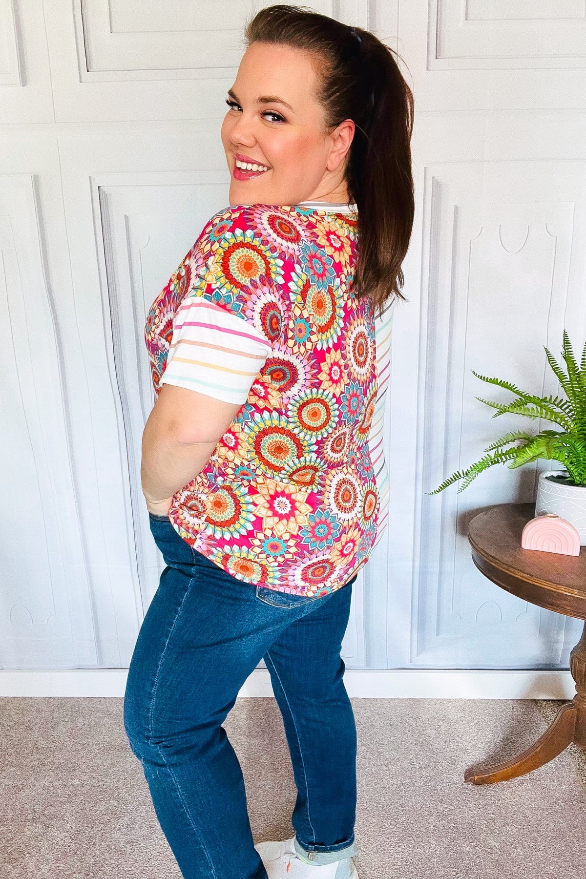 Always Fun Ivory & Fuchsia Stripe and Crochet Print Top-Modish Lily, Tecumseh Michigan