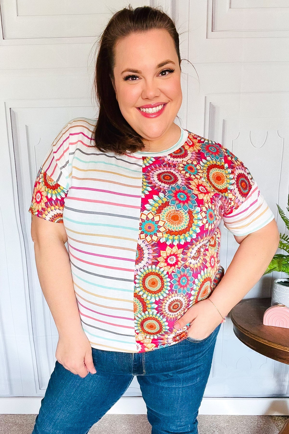 Always Fun Ivory & Fuchsia Stripe and Crochet Print Top-Modish Lily, Tecumseh Michigan