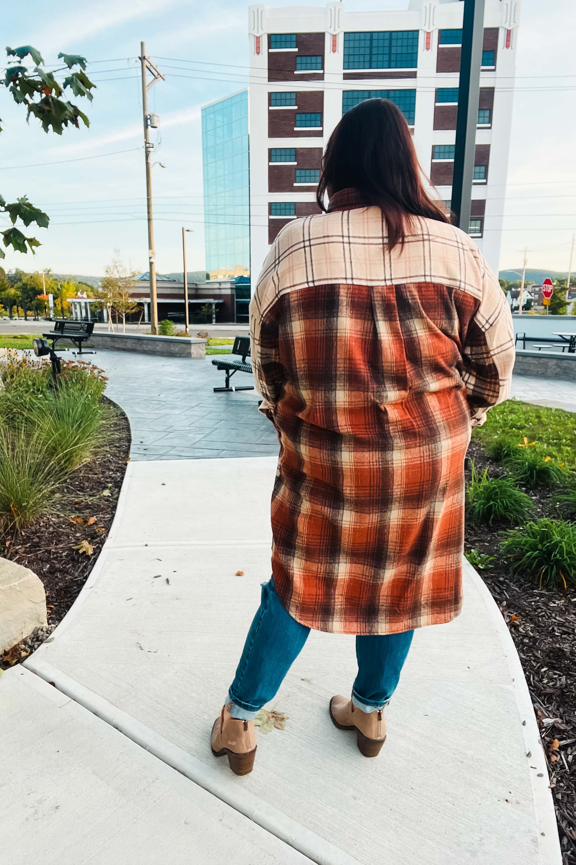 Stand Out Rust & Taupe Color Block Plaid Longline Shacket-Modish Lily, Tecumseh Michigan