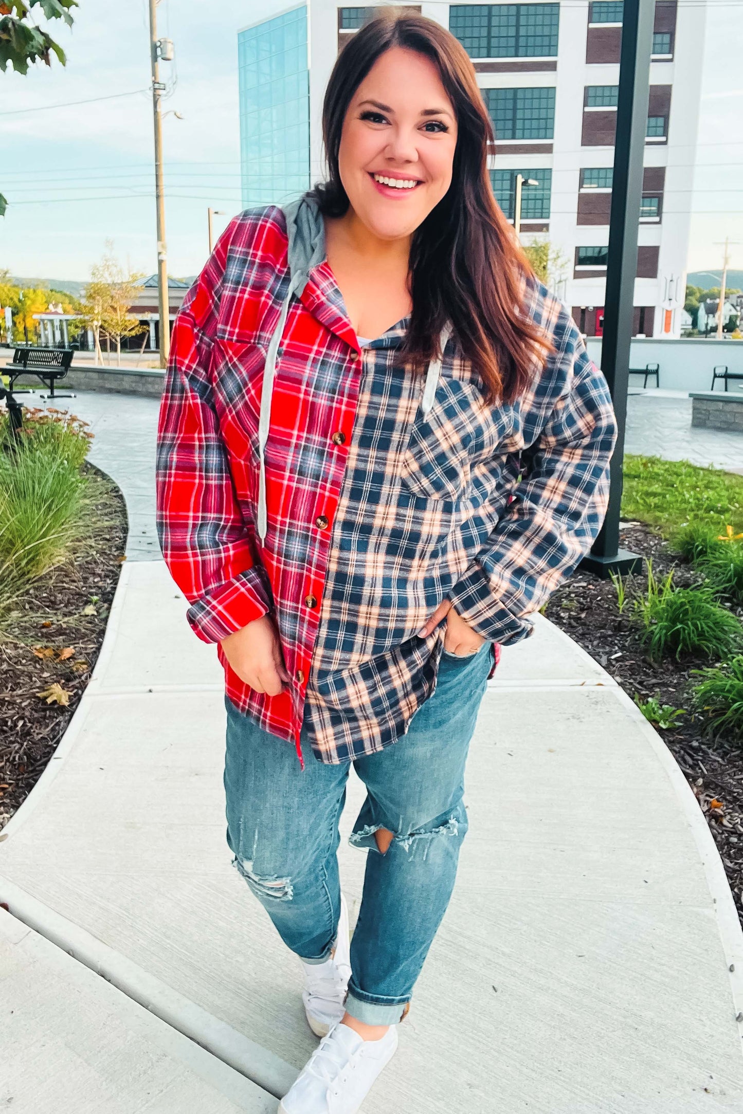 Main Attraction Red & Navy Plaid Color Block Button Down Hoodie-Modish Lily, Tecumseh Michigan