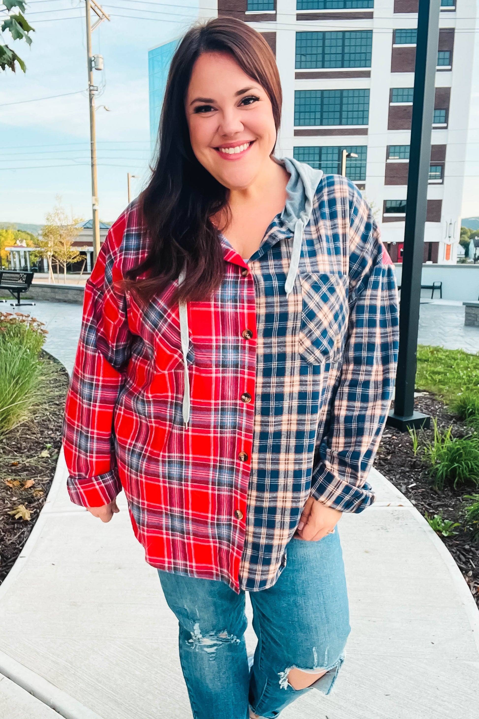 Main Attraction Red & Navy Plaid Color Block Button Down Hoodie-Modish Lily, Tecumseh Michigan