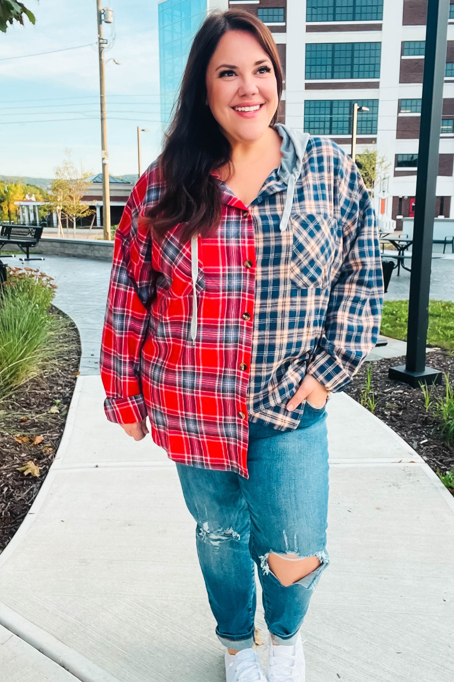 Main Attraction Red & Navy Plaid Color Block Button Down Hoodie-Modish Lily, Tecumseh Michigan