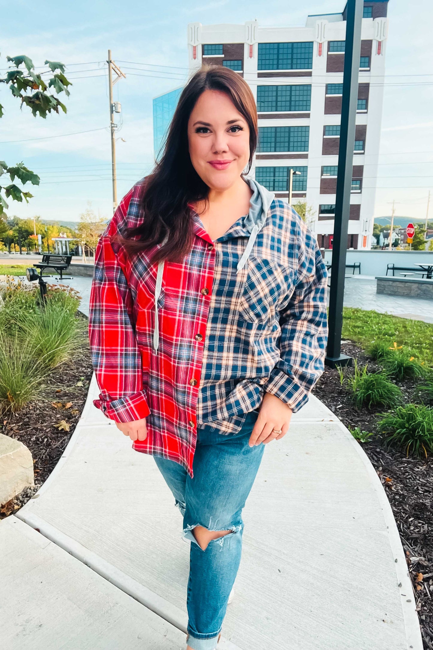 Main Attraction Red & Navy Plaid Color Block Button Down Hoodie-Modish Lily, Tecumseh Michigan