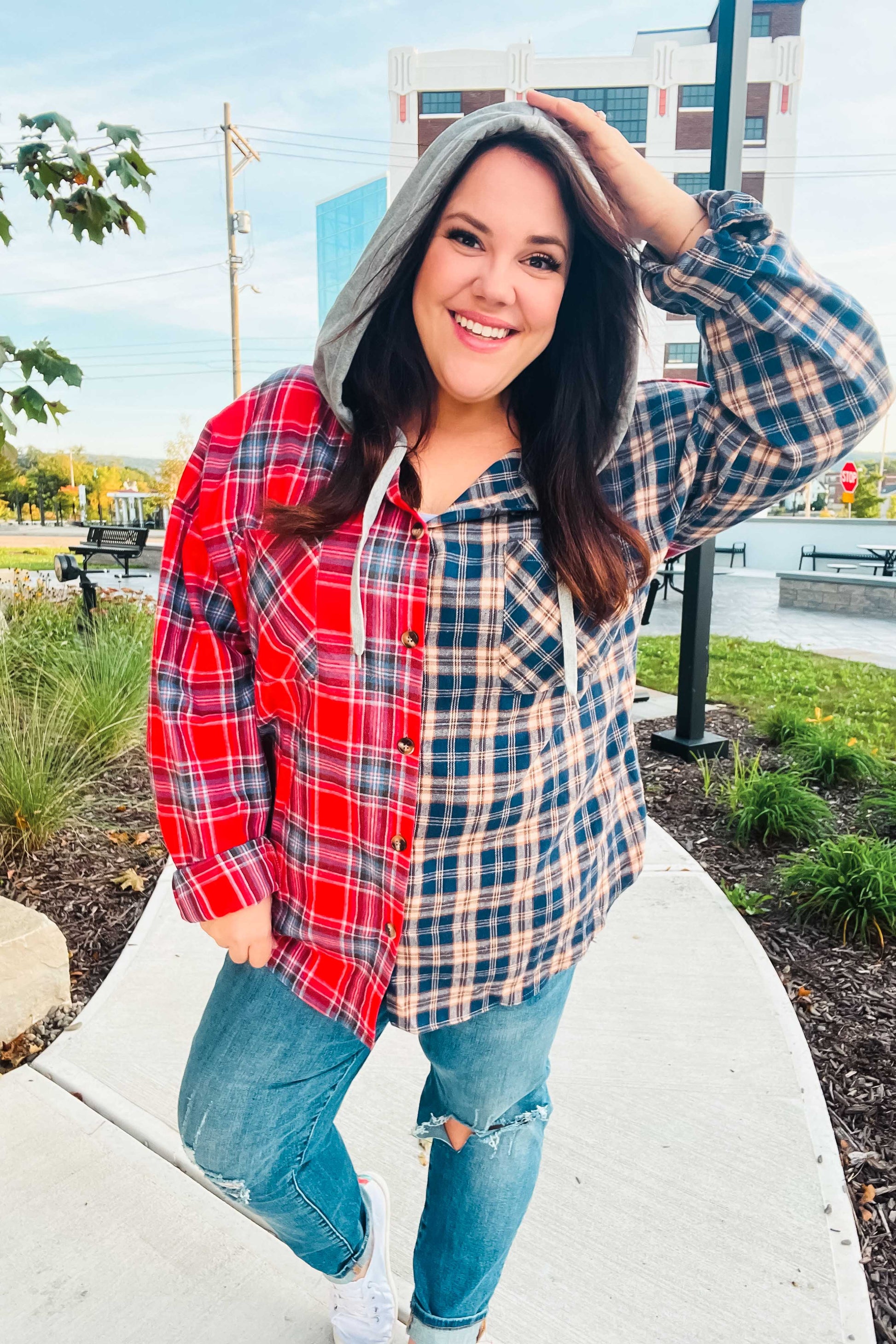 Main Attraction Red & Navy Plaid Color Block Button Down Hoodie-Modish Lily, Tecumseh Michigan