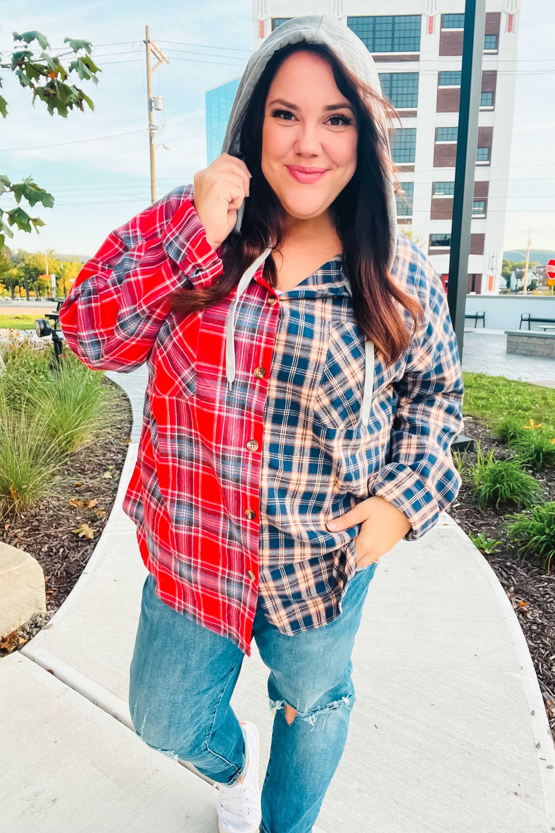 Main Attraction Red & Navy Plaid Color Block Button Down Hoodie-Modish Lily, Tecumseh Michigan