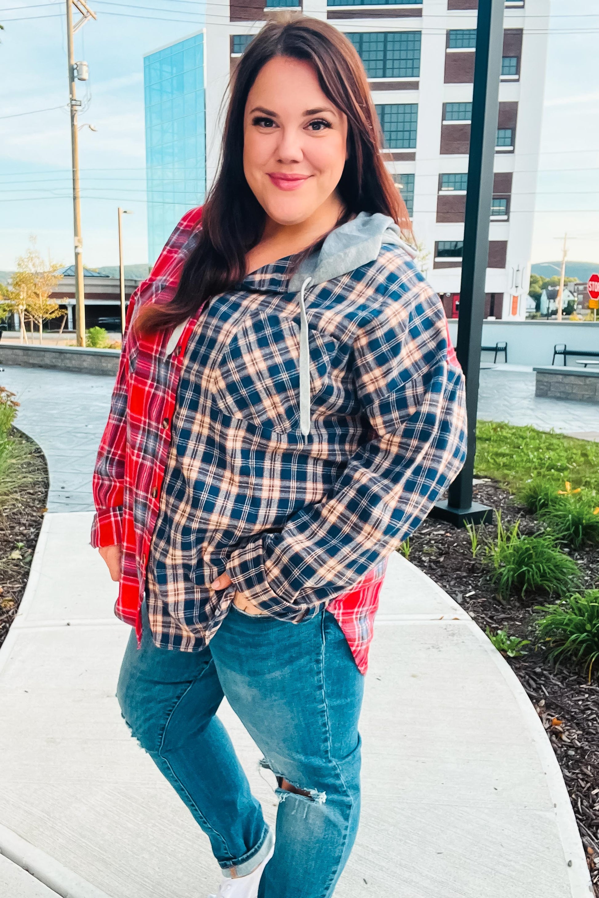 Main Attraction Red & Navy Plaid Color Block Button Down Hoodie-Modish Lily, Tecumseh Michigan