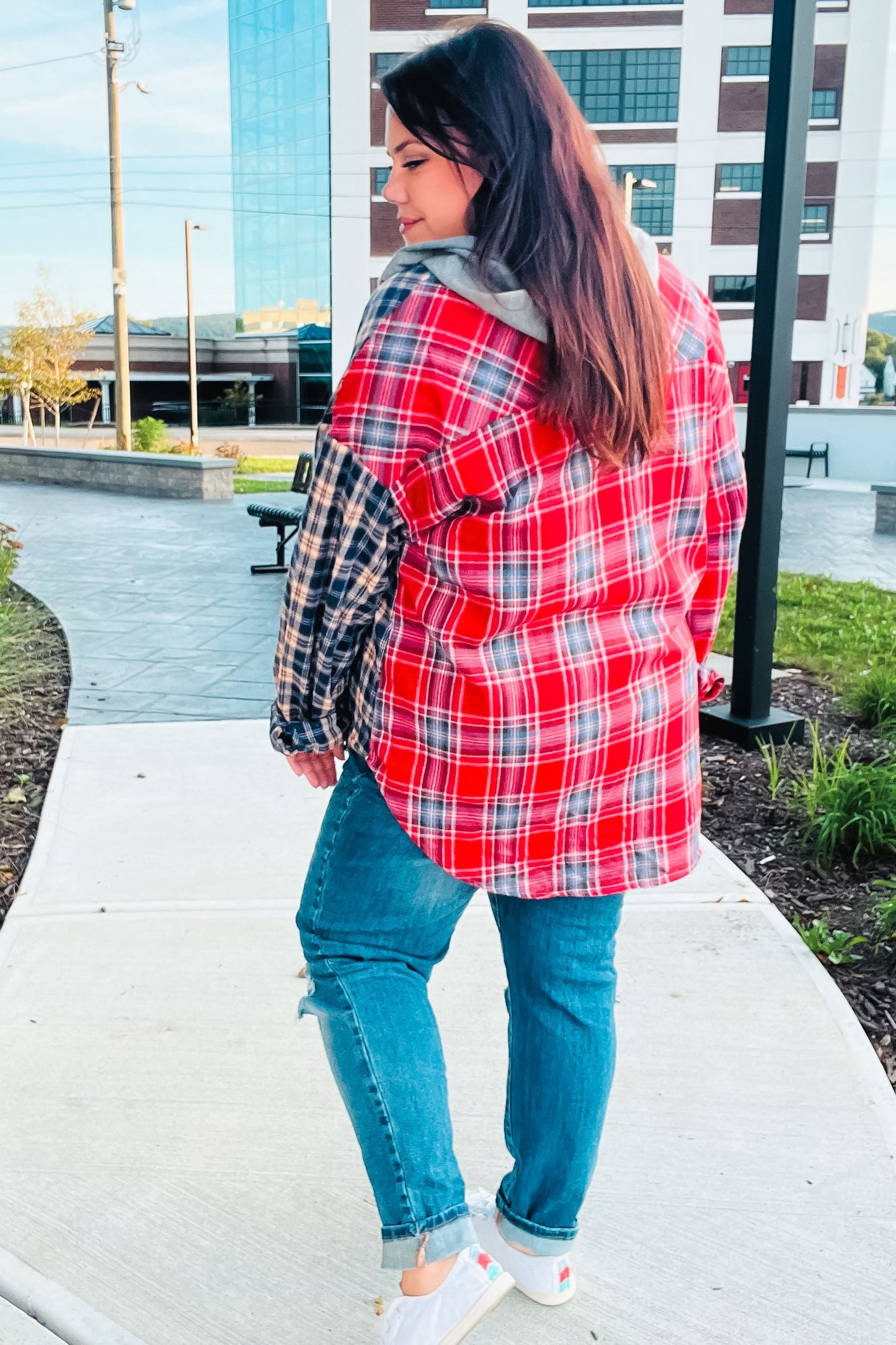 Main Attraction Red & Navy Plaid Color Block Button Down Hoodie-Modish Lily, Tecumseh Michigan