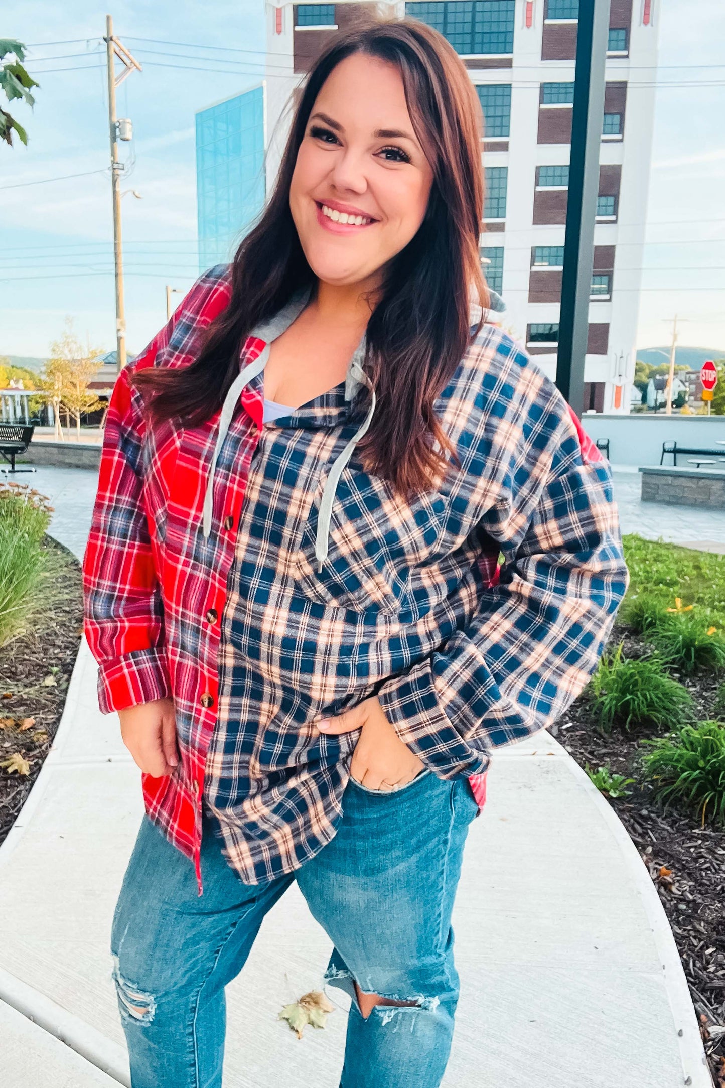 Main Attraction Red & Navy Plaid Color Block Button Down Hoodie-Modish Lily, Tecumseh Michigan