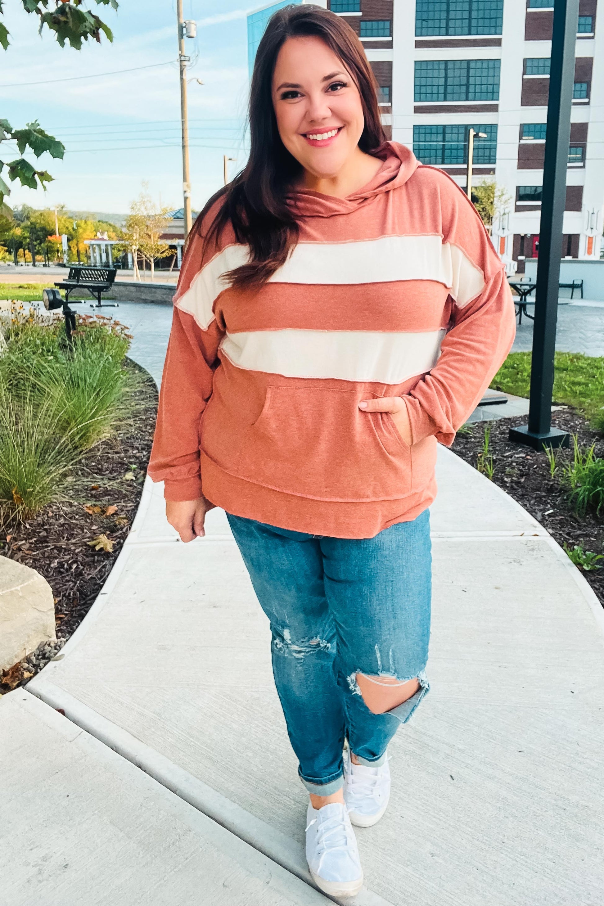 Feeling Playful Rust Stripe Color Block French Terry Hoodie-Modish Lily, Tecumseh Michigan