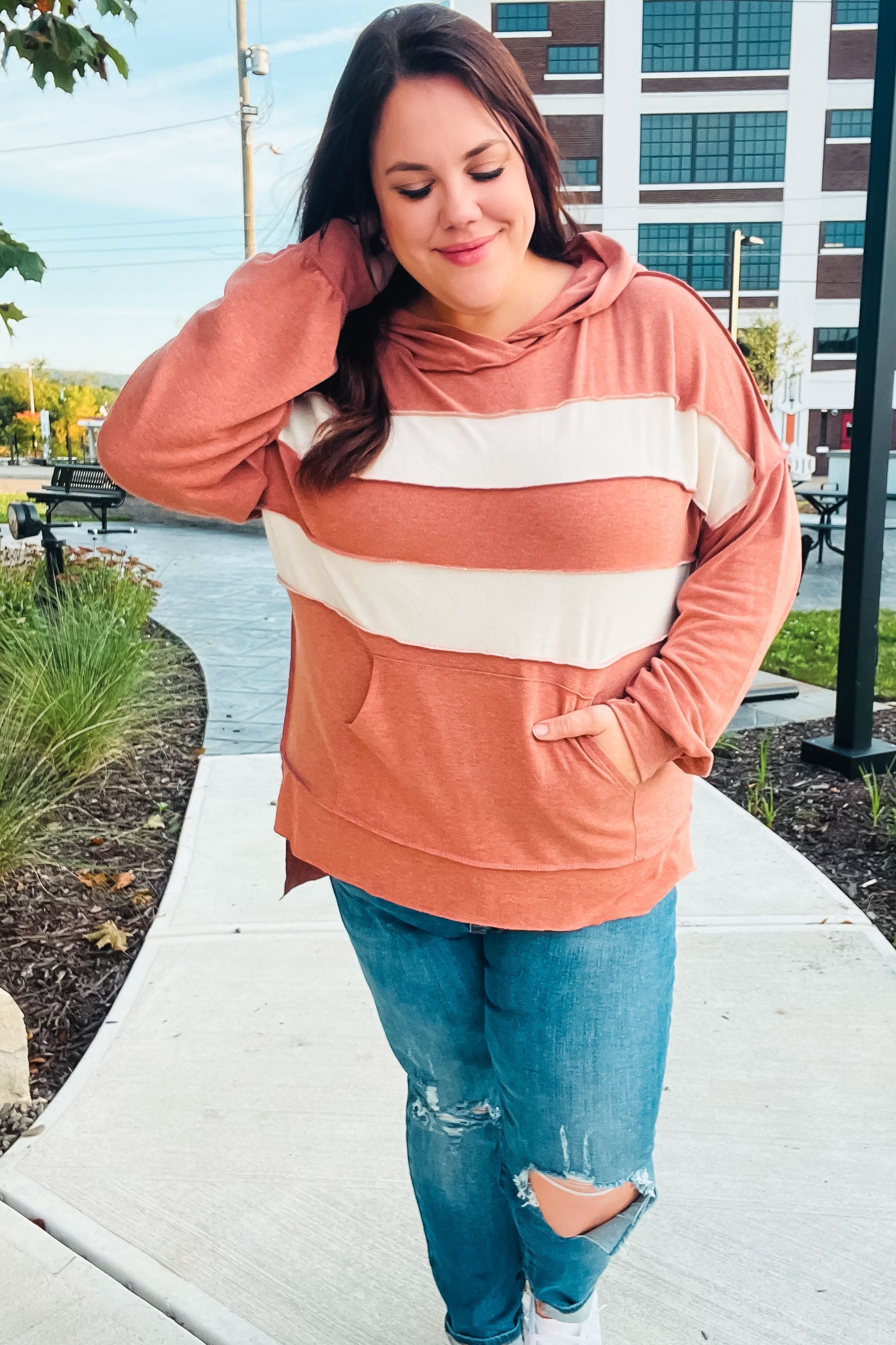 Feeling Playful Rust Stripe Color Block French Terry Hoodie-Modish Lily, Tecumseh Michigan