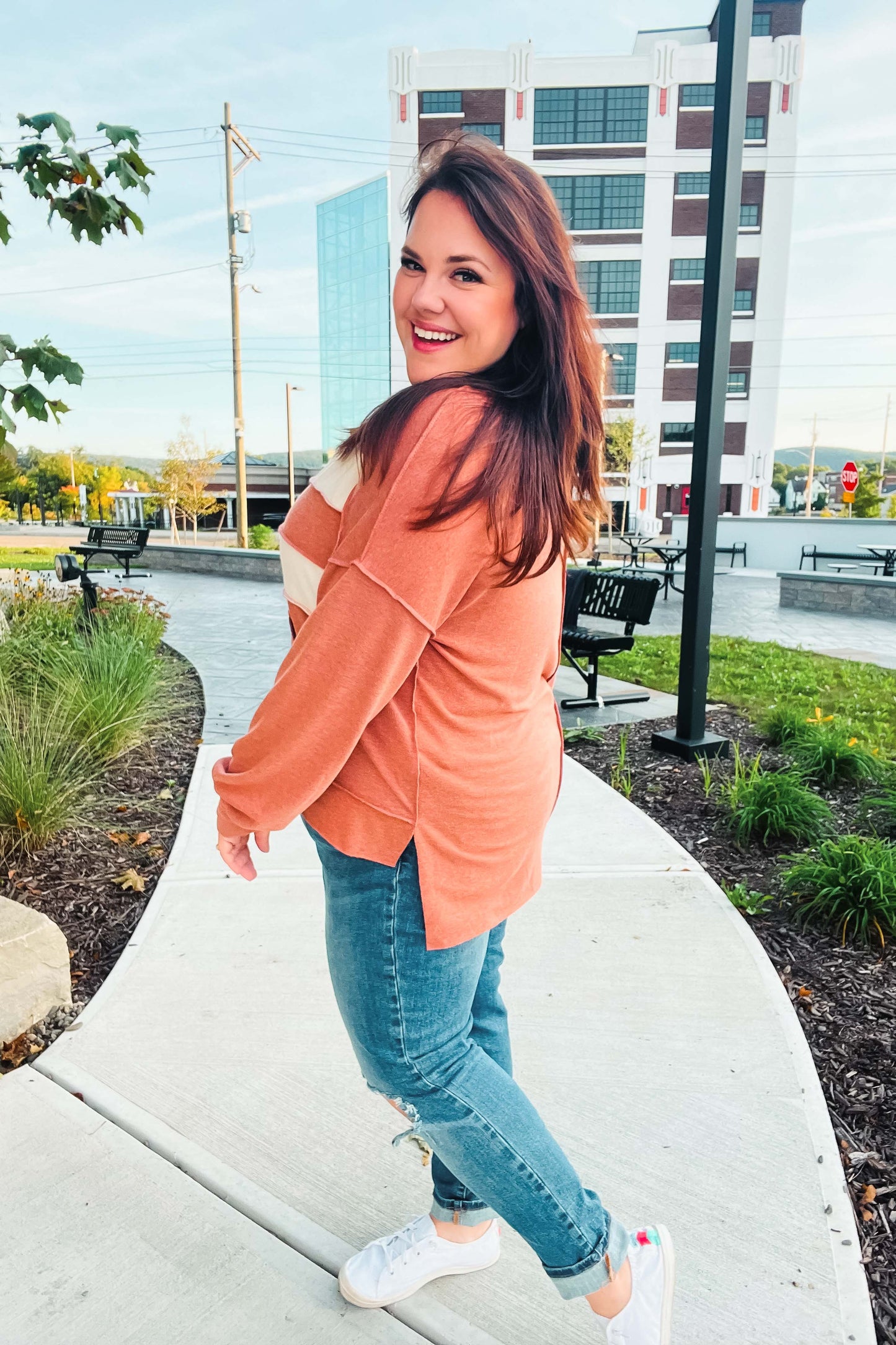 Feeling Playful Rust Stripe Color Block French Terry Hoodie-Modish Lily, Tecumseh Michigan