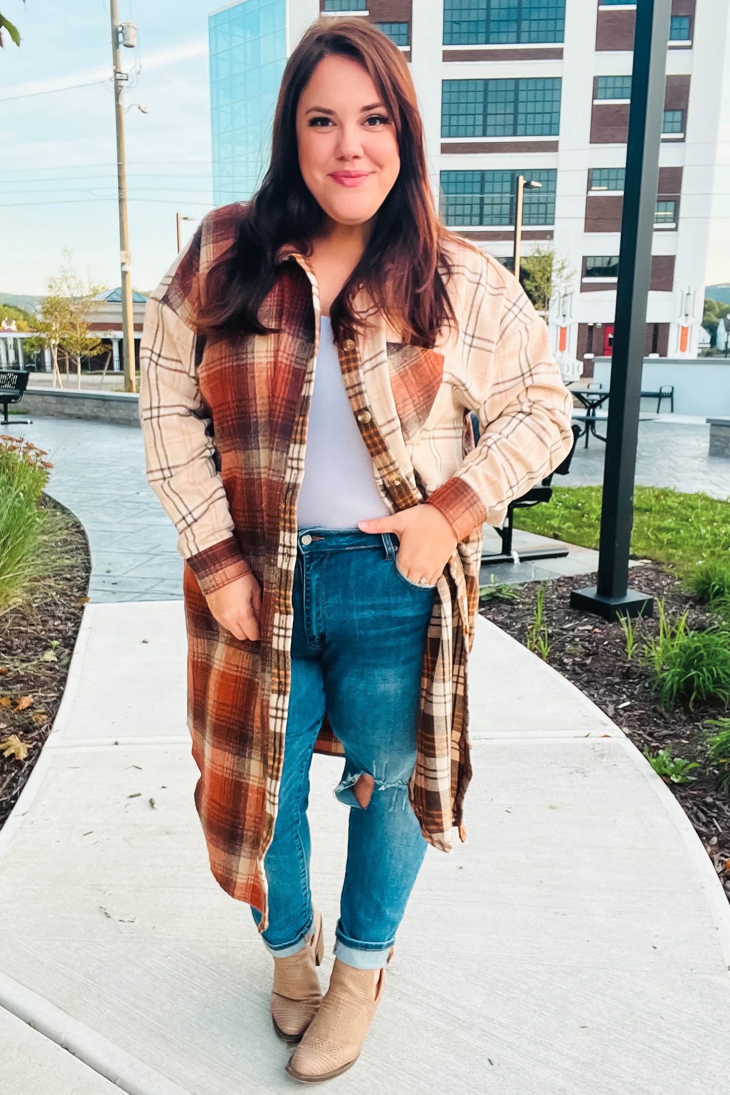 Stand Out Rust & Taupe Color Block Plaid Longline Shacket-Modish Lily, Tecumseh Michigan