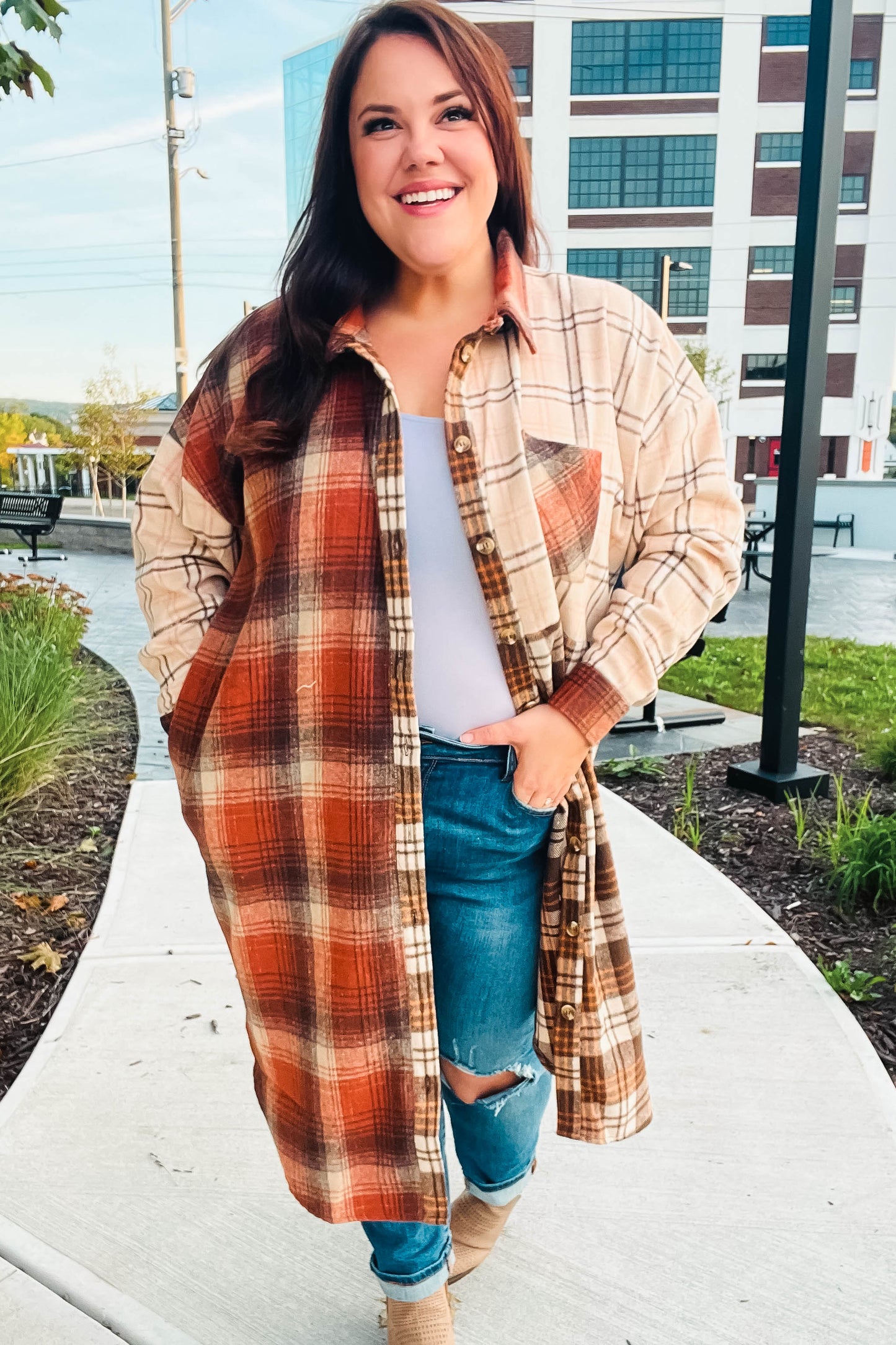 Stand Out Rust & Taupe Color Block Plaid Longline Shacket-Modish Lily, Tecumseh Michigan