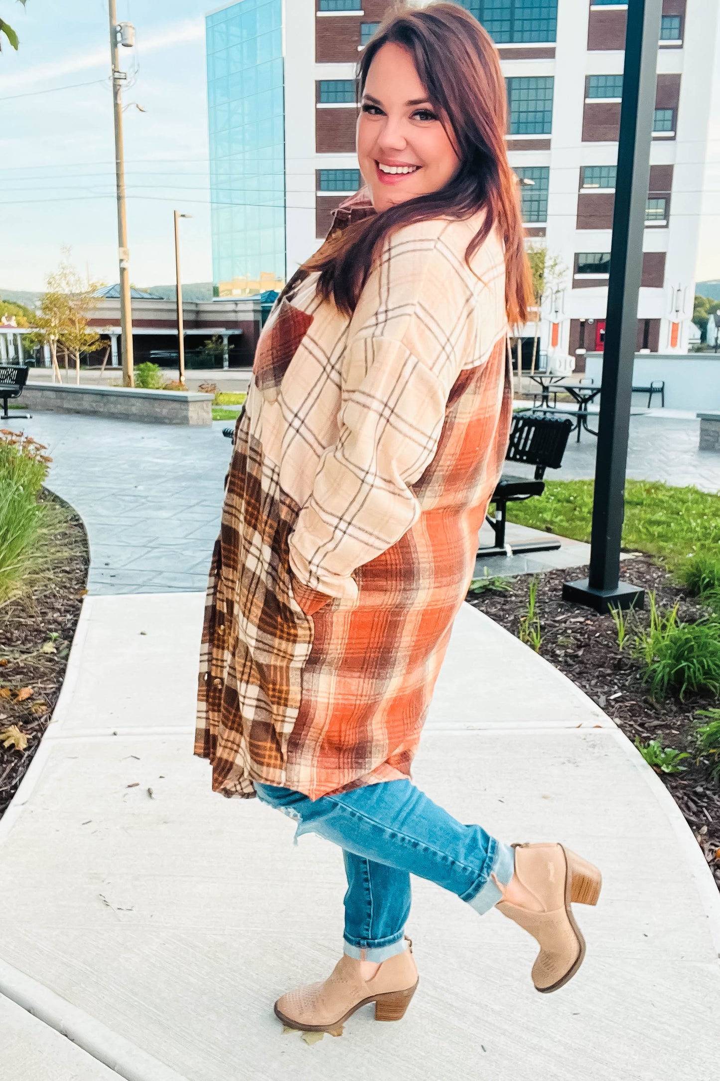 Stand Out Rust & Taupe Color Block Plaid Longline Shacket-Modish Lily, Tecumseh Michigan