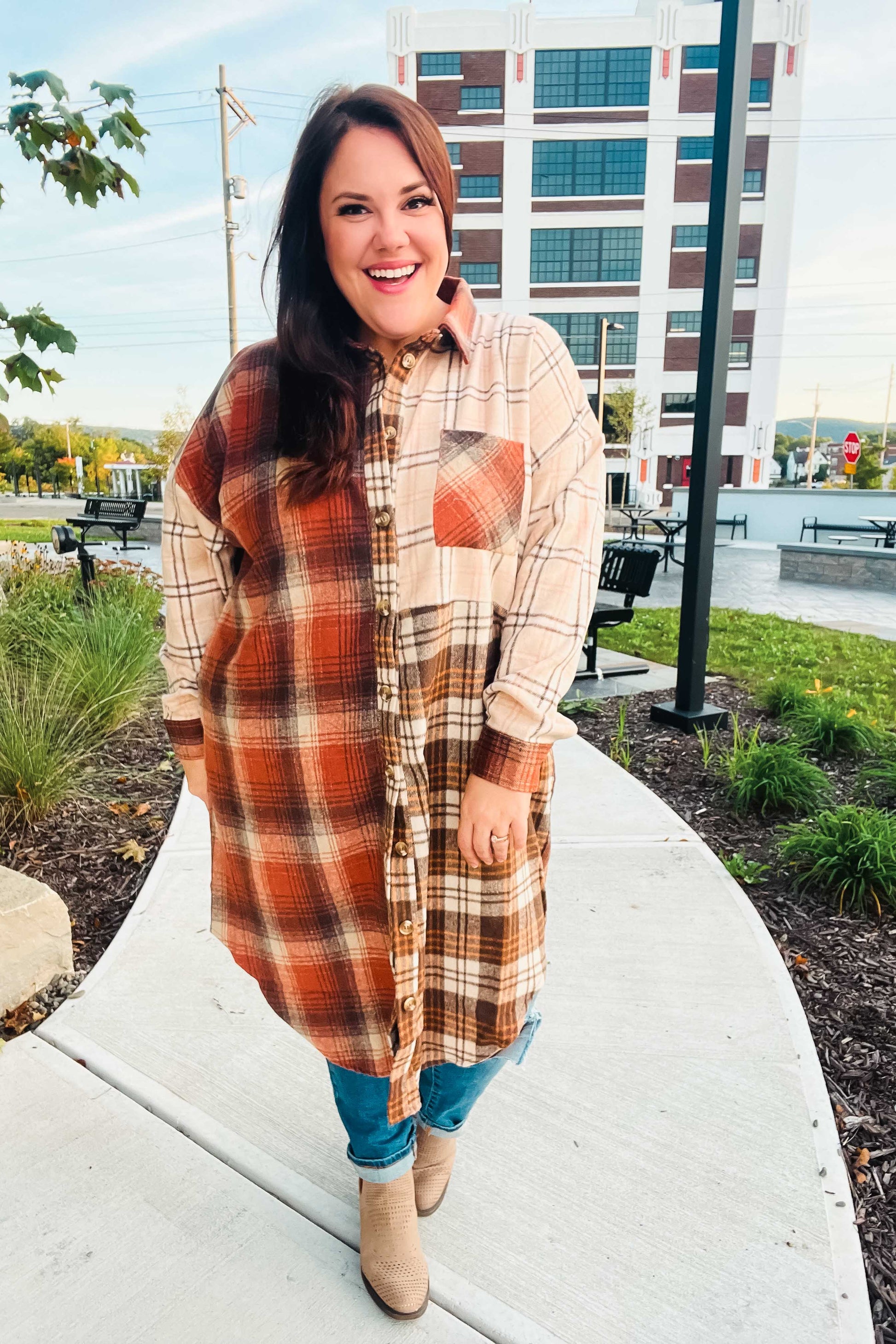 Stand Out Rust & Taupe Color Block Plaid Longline Shacket-Modish Lily, Tecumseh Michigan