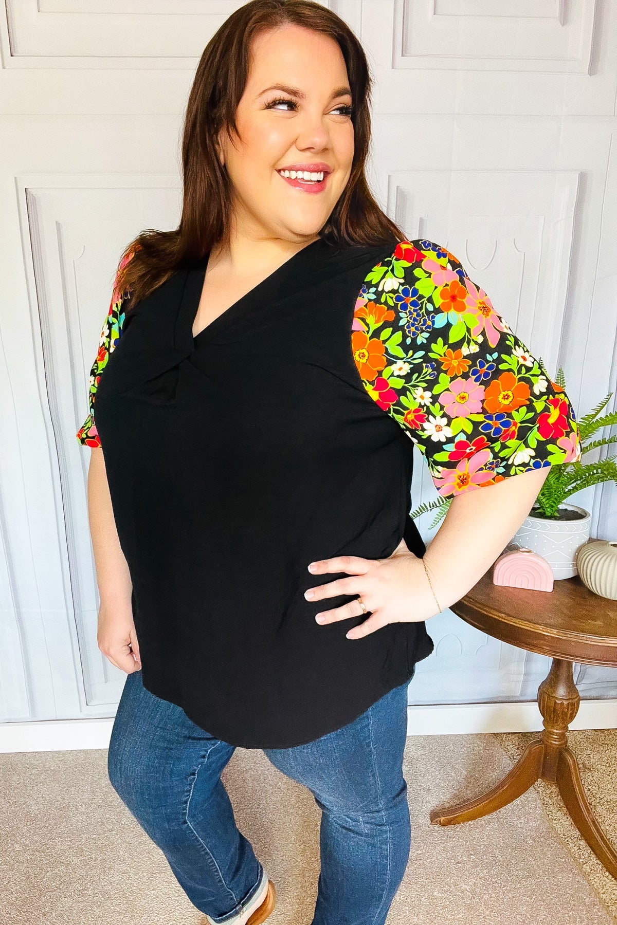 Eyes On You Black Floral Puff Sleeve V Neck Top-Modish Lily, Tecumseh Michigan