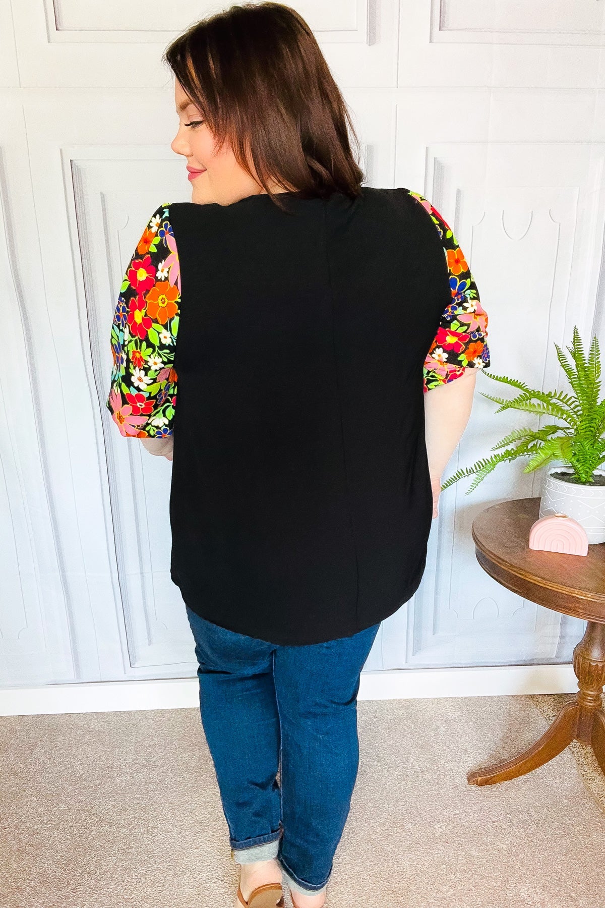 Eyes On You Black Floral Puff Sleeve V Neck Top-Modish Lily, Tecumseh Michigan