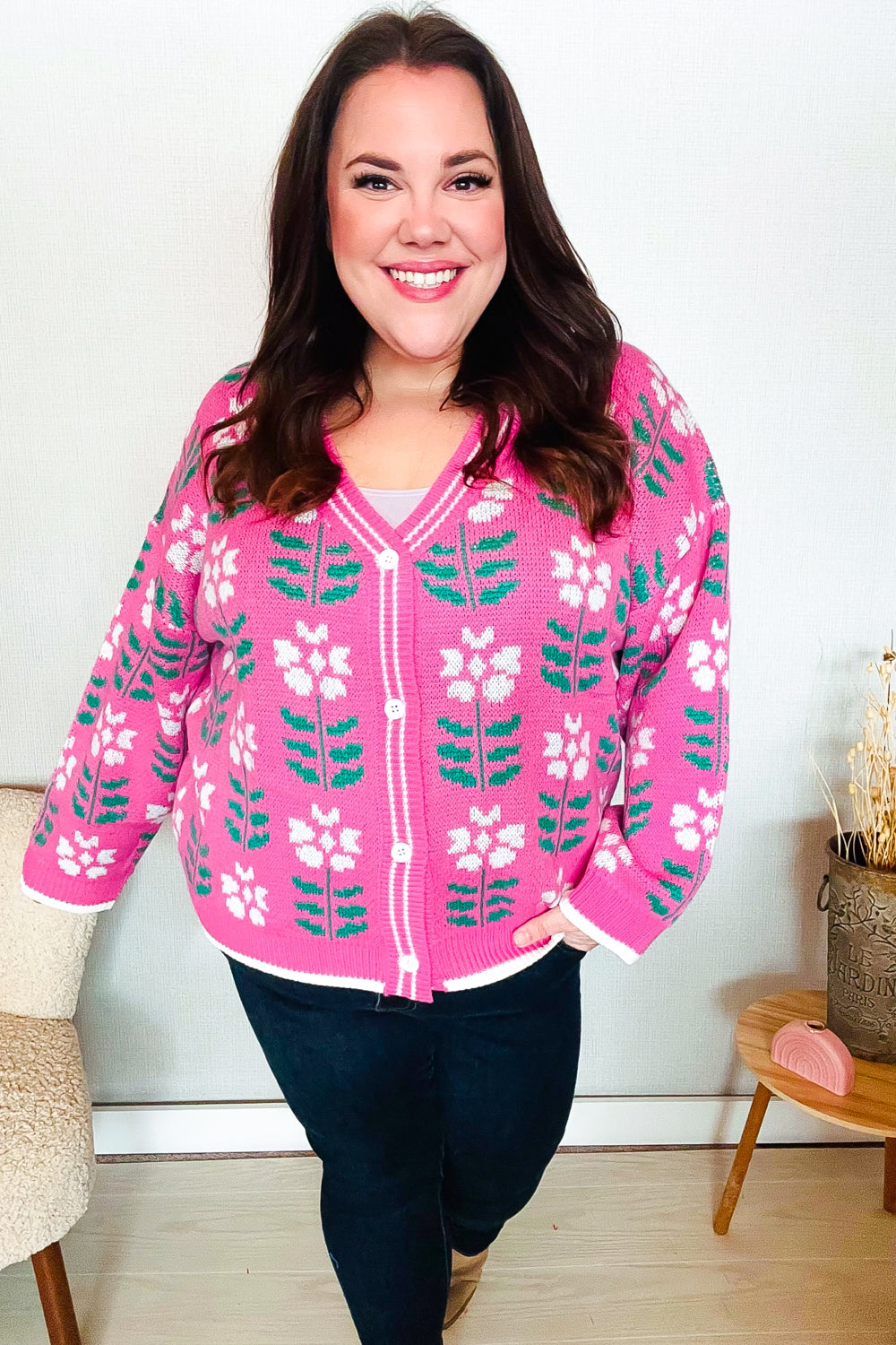 All For Love Fuchsia Flower Print Button Down Knit Cardigan-Modish Lily, Tecumseh Michigan