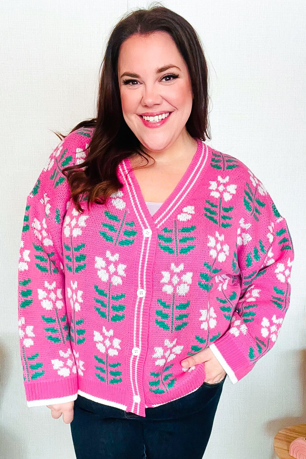 All For Love Fuchsia Flower Print Button Down Knit Cardigan-Modish Lily, Tecumseh Michigan