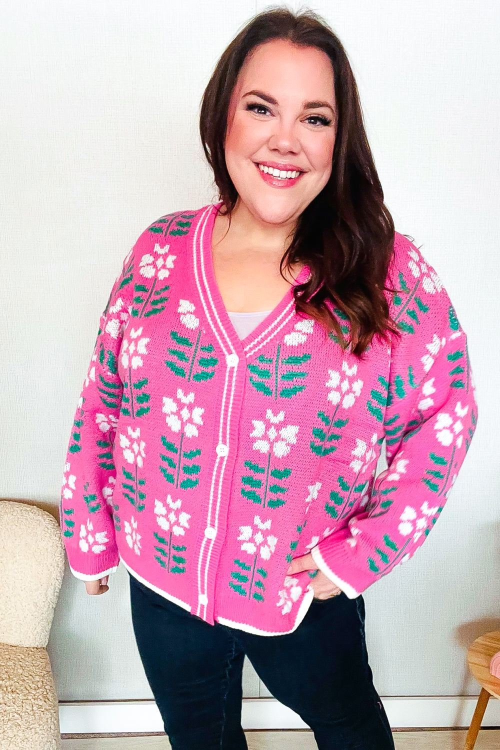 All For Love Fuchsia Flower Print Button Down Knit Cardigan-Modish Lily, Tecumseh Michigan