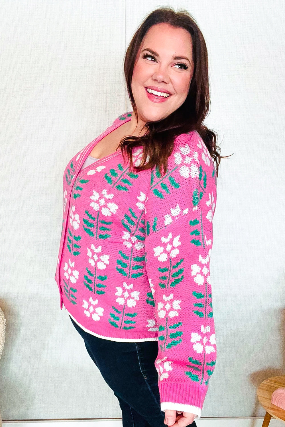 All For Love Fuchsia Flower Print Button Down Knit Cardigan-Modish Lily, Tecumseh Michigan