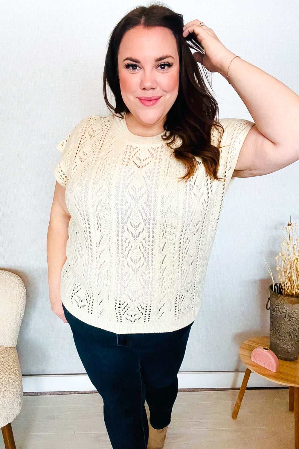 The Perfect Find Beige Dolman Short Sleeve Crochet Sweater Top-Modish Lily, Tecumseh Michigan