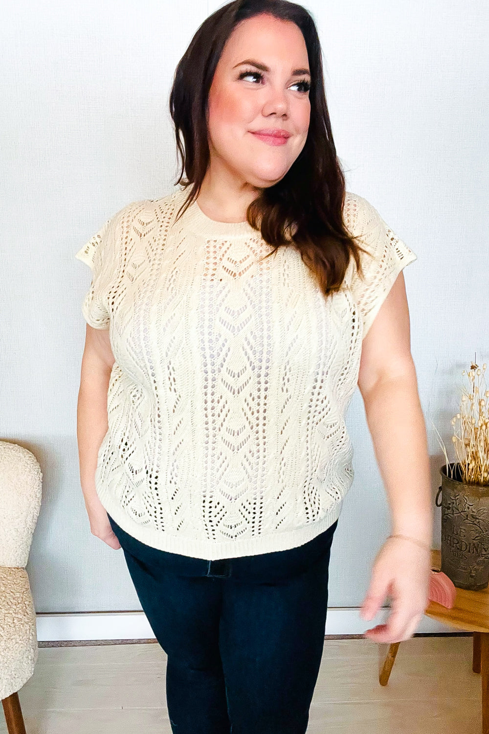 The Perfect Find Beige Dolman Short Sleeve Crochet Sweater Top-Modish Lily, Tecumseh Michigan