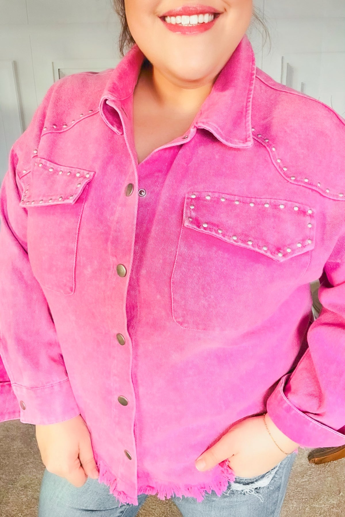 Diva Dreams Pink Acid Wash Stud Detail Denim Jacket-Modish Lily, Tecumseh Michigan