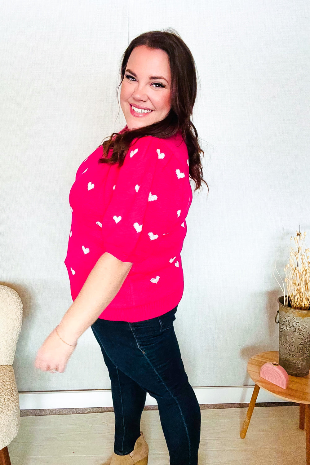 Be Mine Pink & White Heart Oversized Jacquard Sweater-Modish Lily, Tecumseh Michigan