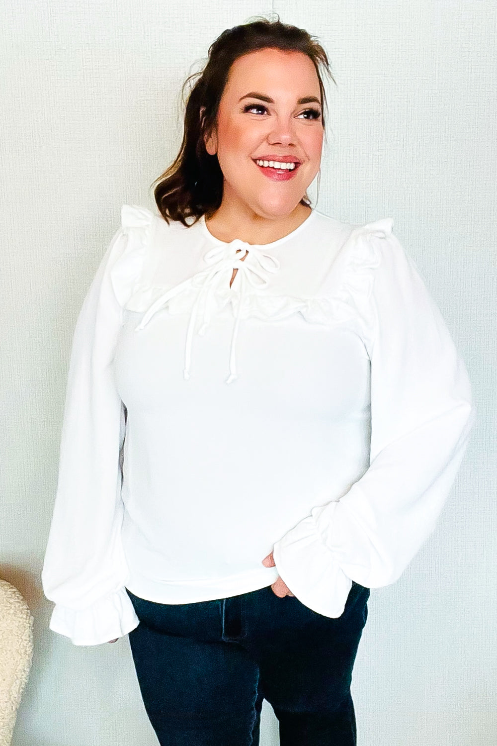 Eyes On You Ivory Ribbon Tie Bow Square Neck Ruffle Bubble Sleeve Blouse-Modish Lily, Tecumseh Michigan