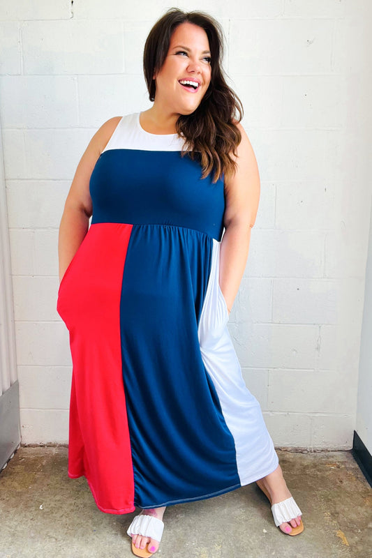 Patriotic Color Block Fit & Flare Maxi Dress-Modish Lily, Tecumseh Michigan