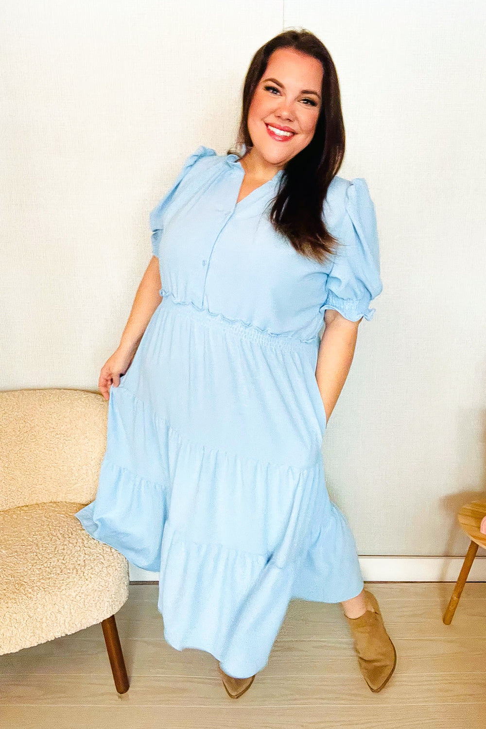 Follow Me Aqua Frill Notch Neck Shirred Waist Tiered Maxi Dress-Modish Lily, Tecumseh Michigan