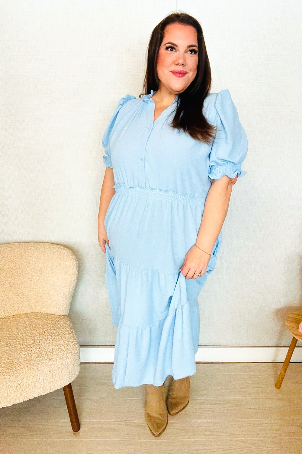 Follow Me Aqua Frill Notch Neck Shirred Waist Tiered Maxi Dress-Modish Lily, Tecumseh Michigan