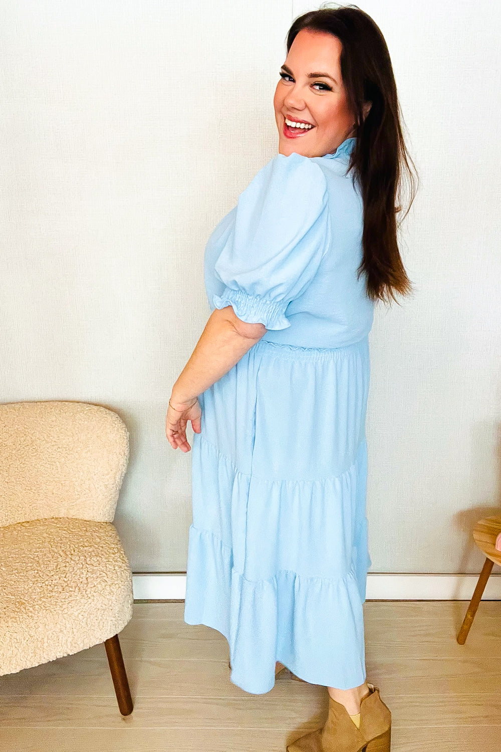 Follow Me Aqua Frill Notch Neck Shirred Waist Tiered Maxi Dress-Modish Lily, Tecumseh Michigan