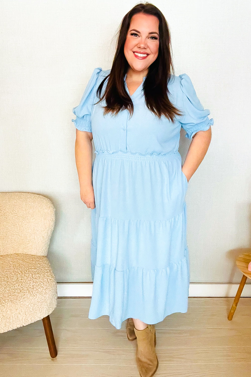 Follow Me Aqua Frill Notch Neck Shirred Waist Tiered Maxi Dress-Modish Lily, Tecumseh Michigan