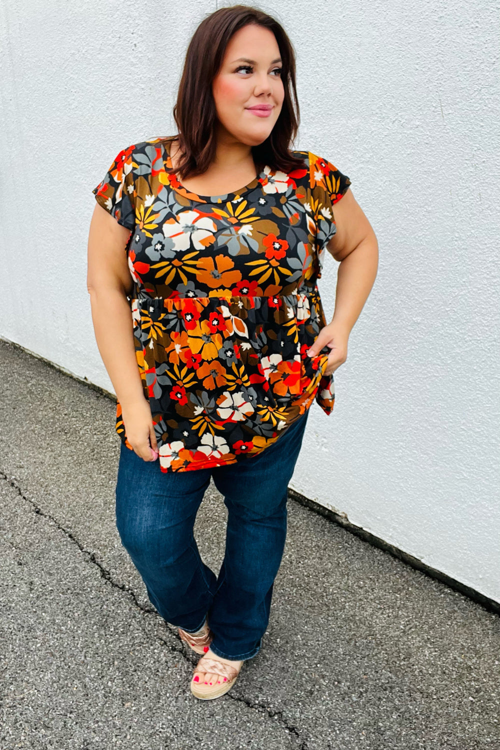 Burnt Orange Flat Floral Print Ruffle Sleeve Babydoll Top-Modish Lily, Tecumseh Michigan