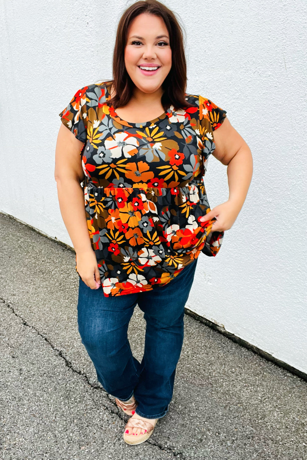 Burnt Orange Flat Floral Print Ruffle Sleeve Babydoll Top-Modish Lily, Tecumseh Michigan