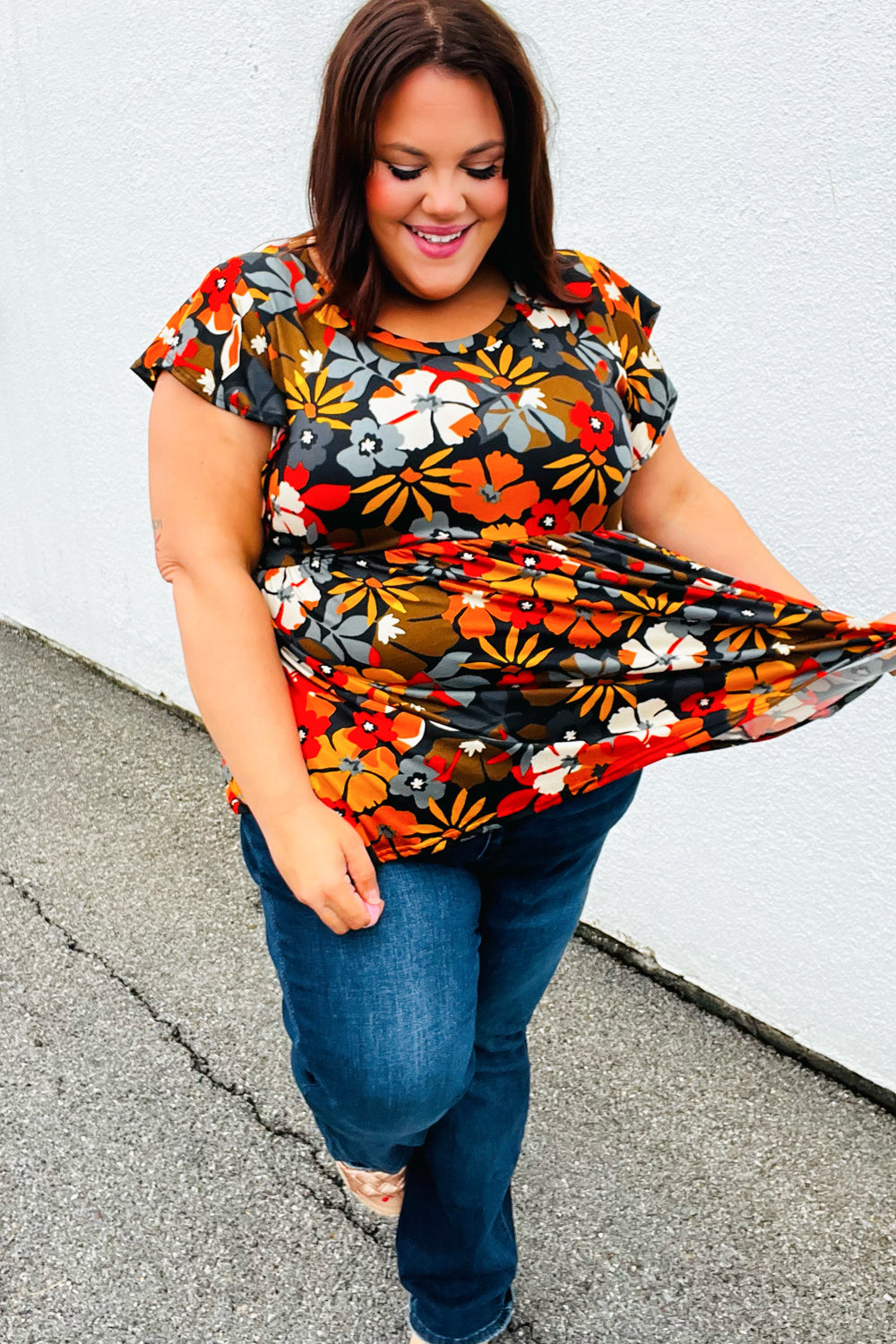 Burnt Orange Flat Floral Print Ruffle Sleeve Babydoll Top-Modish Lily, Tecumseh Michigan