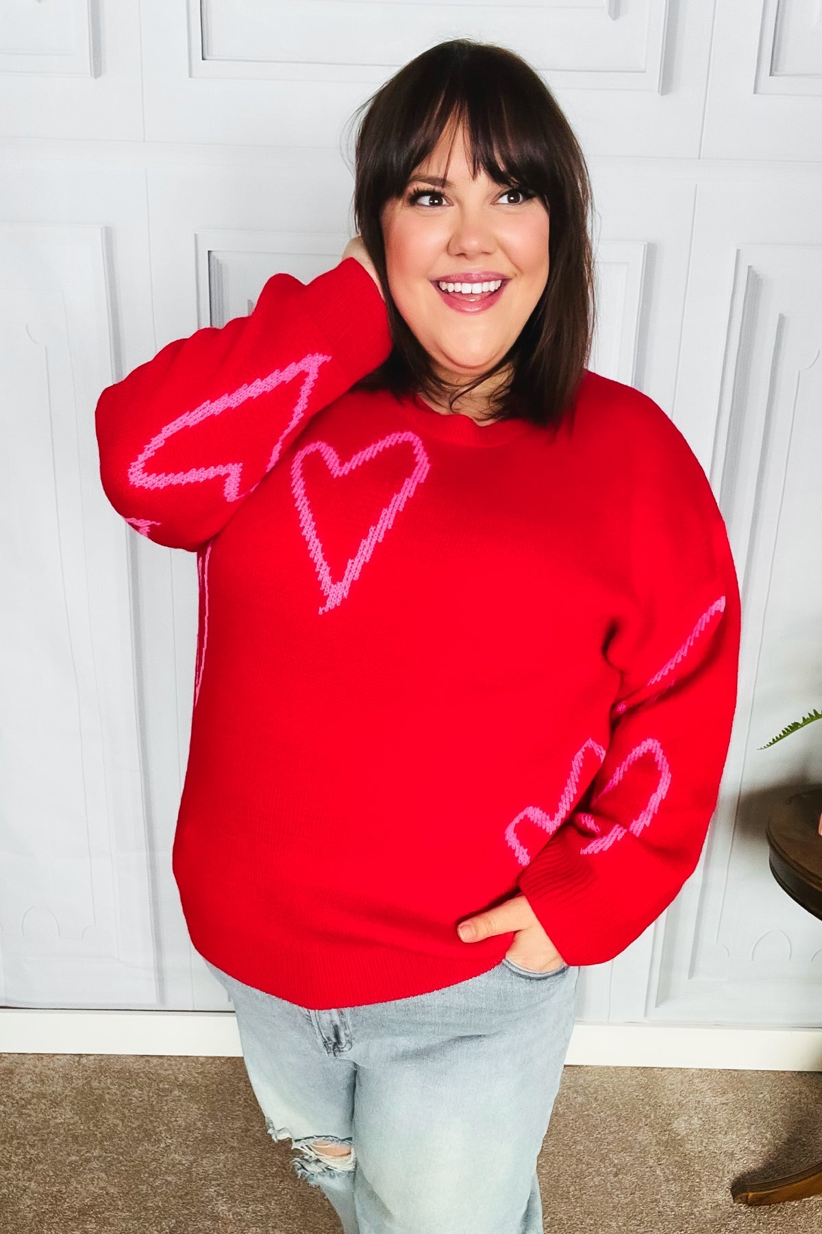 Make You Smile Red Heart Jacquard Oversized Sweater-Modish Lily, Tecumseh Michigan